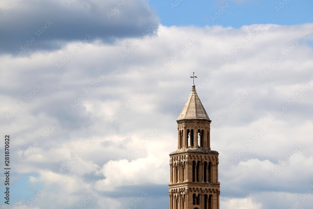 Saint Domnius bell tower, historic landmark in Split, Croatia. Cloudy sky in the background.
