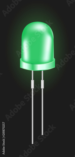 Vector realistic 3d green light and bright emitting diode or small LED light bulb isolated on a black background. Semiconductor diode – electrical component. © petrroudny