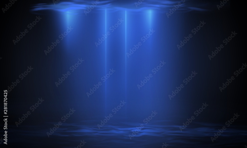 Fototapeta premium The depth of the sea water, the ocean floor, the rays of the sun through the water, the underwater world, the sea scene.