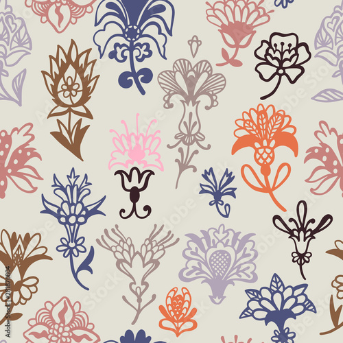 Fantasy floral. Decorative botanical vector seamless pattern made of abstract oriental flowers. Plane drawing.