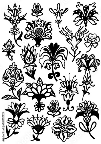 Abstract oriental flowers set isolated on white. Decorative botanical vector collection. Fantasy floral icons. Outline plane drawing.