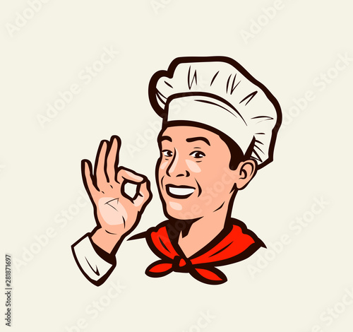 Smiling chef gesture of delicious. Menu, restaurant, food emblem. Vector illustration