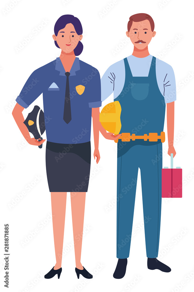 Professionals workers couple smiling cartoons Professionals workers couple smiling cartoons