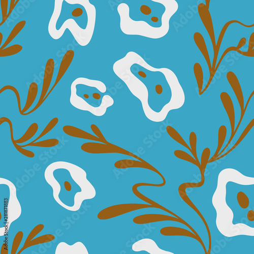 Vector seamless floral pattern. Elegant ornament with abstract simple plane flowers and branches with leaves. Background for fashion prints, fabric, wallpaper, textile, surface.