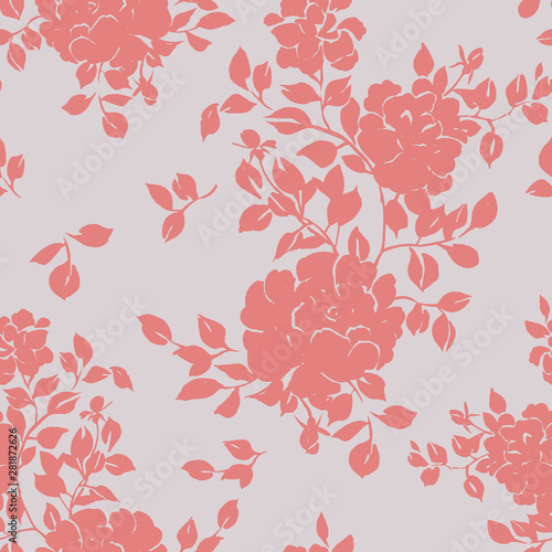 Vector seamless floral pattern. Silhouettes of large blossom roses with foliage. Plane opulent botanical ornament in vintage style. Fashion design for fabric  textile   background  wrapper  wallpaper