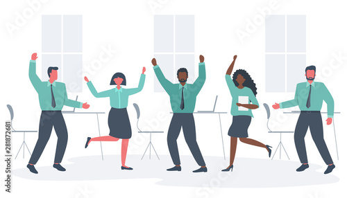 Office workers are celebrating the victory. Happy employees are dancing and jumping. Business people in the office room. Funky flat style. Vector illustration
