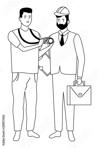 Professionals workers couple smiling cartoons in black and white