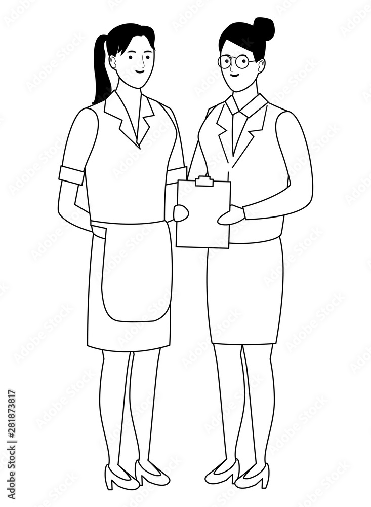 Professionals workers couple smiling cartoons in black and white