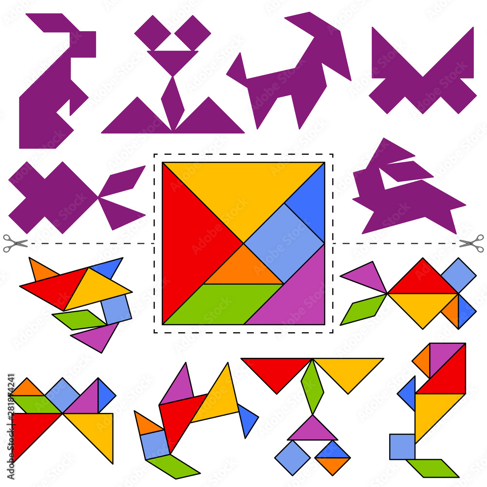 Set of vector tangram puzzles (geometric puzzle) for the development of  logical thinking of children and adults. Collection of 6 animal shapes and  answer card. Vector illustration Stock Vector | Adobe Stock