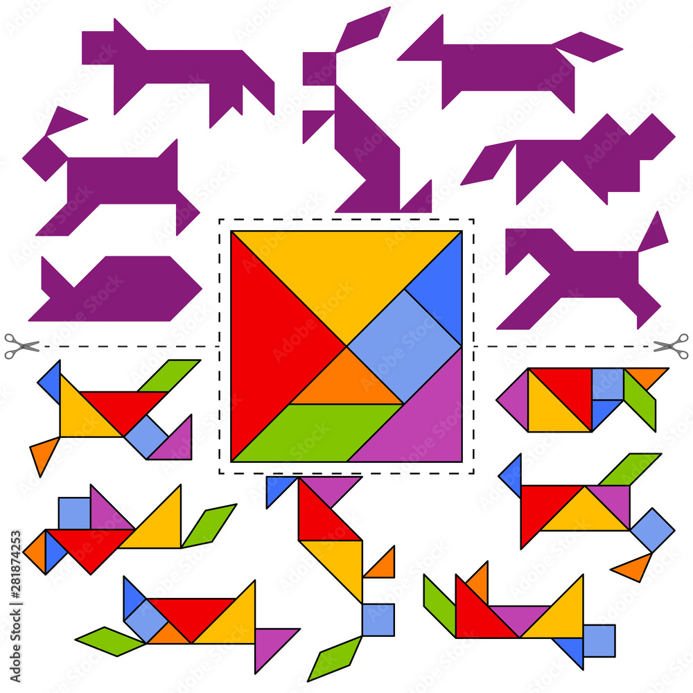 Set of vector tangram puzzles (geometric puzzle) for the development of logical thinking of children and adults. Collection of 7 animal shapes and answer card. Vector illustration Set of vector tangram puzzles (geometric puzzle) for the development of logical thinking of children and adults. Collection of 7 animal shapes and answer card. Vector illustration
