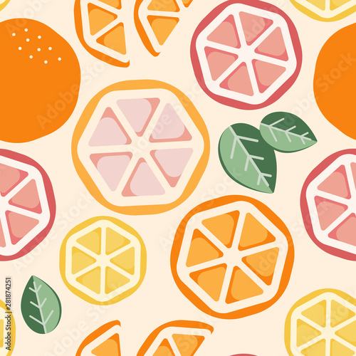 Orange, yellow, pink and white sliced citrus seamless pattern. You can enjoy this picnic inspired pattern on packaging, textiles, backgrounds, and more.