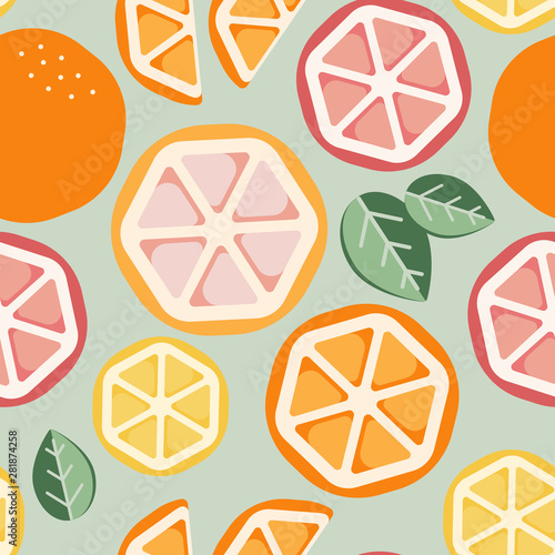 Orange, yellow, pink and white sliced citrus seamless pattern. You can enjoy this picnic inspired pattern on packaging, textiles, backgrounds, and more.