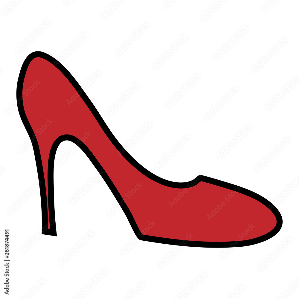 Red flat simple icon of fashionable glamorous female beautiful high-heeled shoes, stilettos. Vector illustration Red flat simple icon of fashionable glamorous female beautiful high-heeled shoes, stilettos. Vector illustration