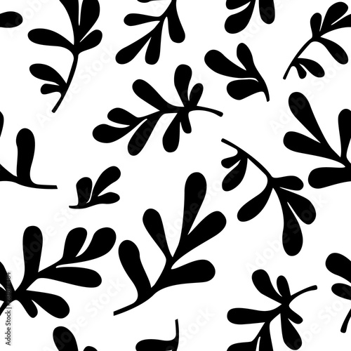 Black and white leafy seamless pattern. You can enjoy this foliage inspired pattern on packaging, textiles, backgrounds, and more.