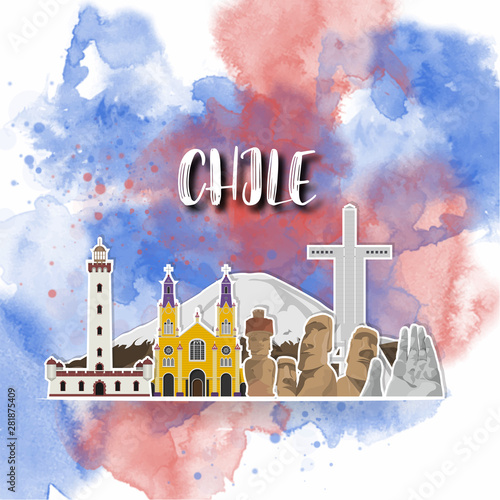 Chile Landmark Global Travel And Journey watercolor background. Vector Design Template.used for your advertisement, book, banner, template, travel business or presentation.