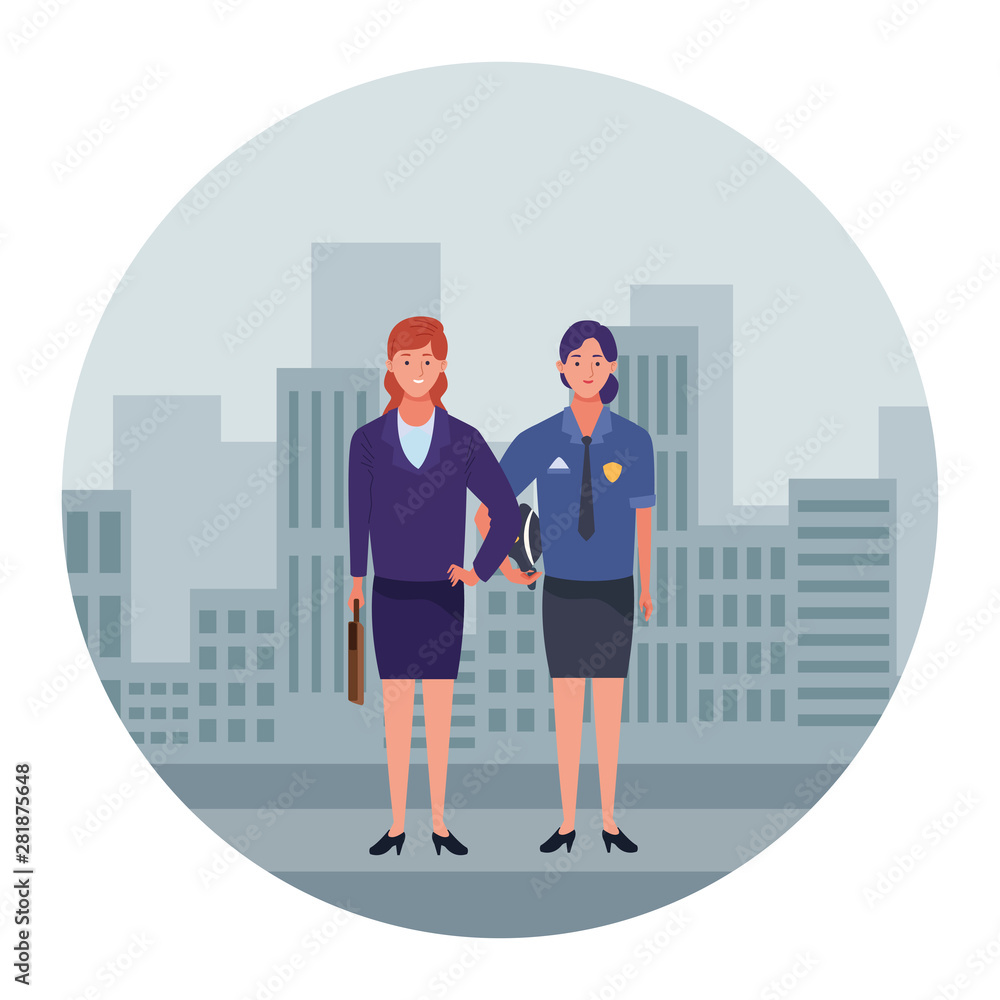 Professionals workers couple smiling cartoons Professionals workers couple smiling cartoons