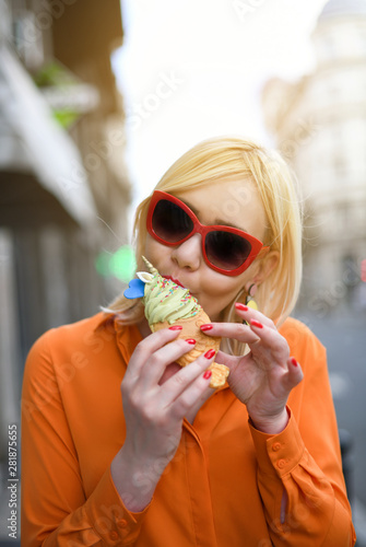 Girl eating taiyaki ice cream