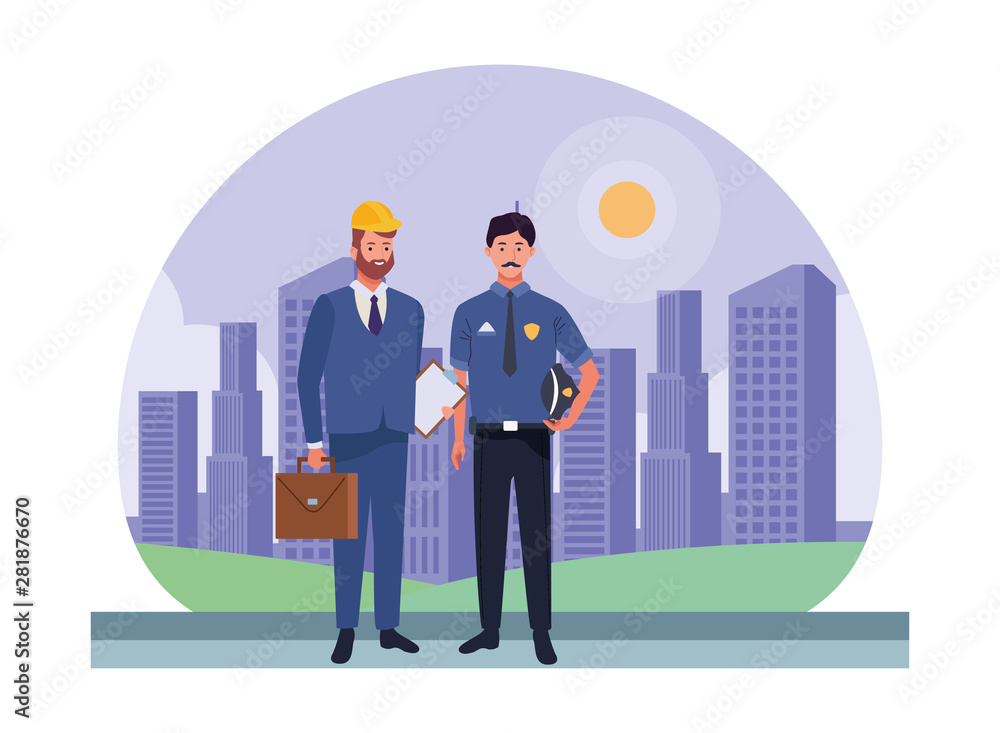 Professionals workers couple smiling cartoons Professionals workers couple smiling cartoons