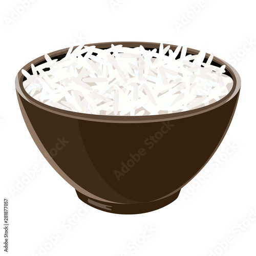 Pile of boiled jasmine rice in brown ceramic bowl. Vector illustration.