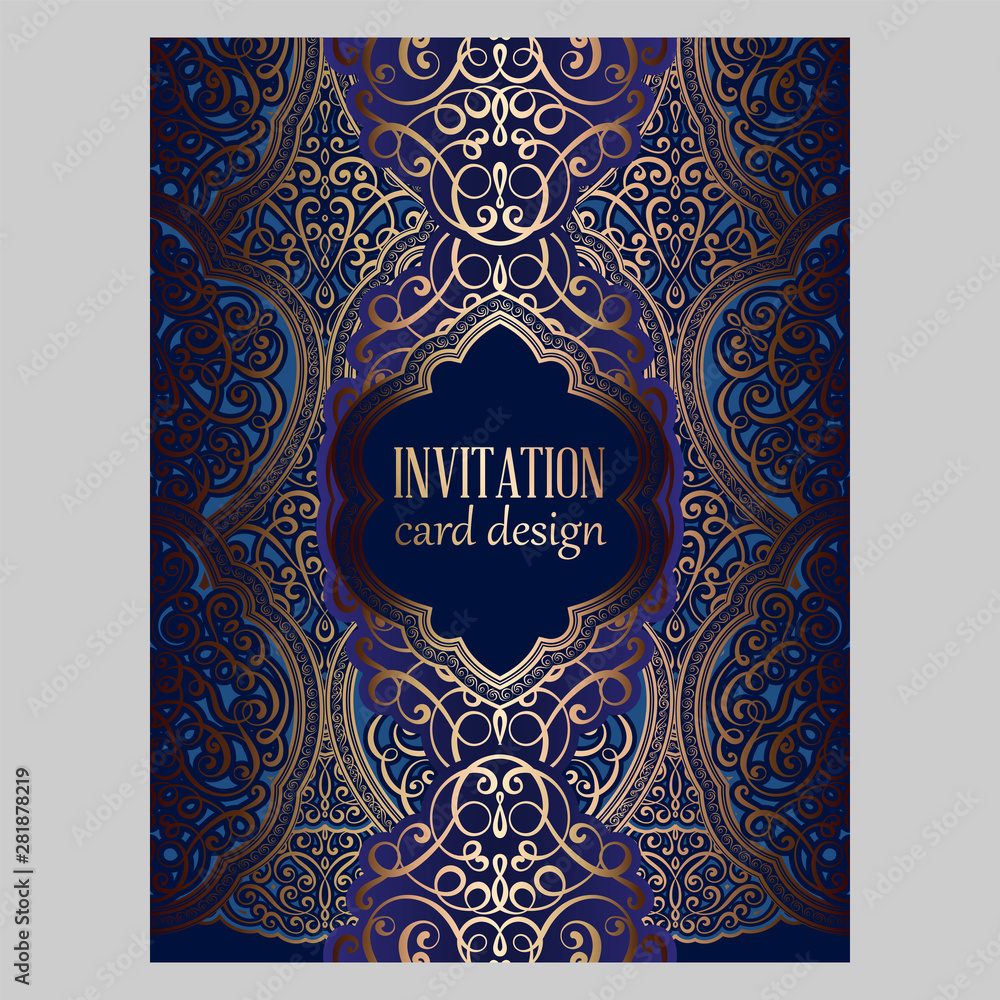 Wedding invitation card with gold and blue shiny eastern and baroque rich foliage. Ornate brocade background for your design. Intricate design template Wedding invitation card with gold and blue shiny eastern and baroque rich foliage. Ornate brocade background for your design. Intricate design template