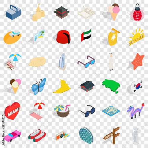 Tourist resort icons set. Isometric style of 36 tourist resort vector icons for web for any design