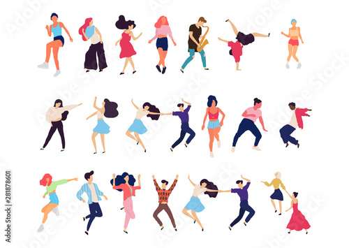 Crowd of young people dancing at club. Big set of characters having fun at party. Flat colorful vector illustration. - Vector © Firangiz