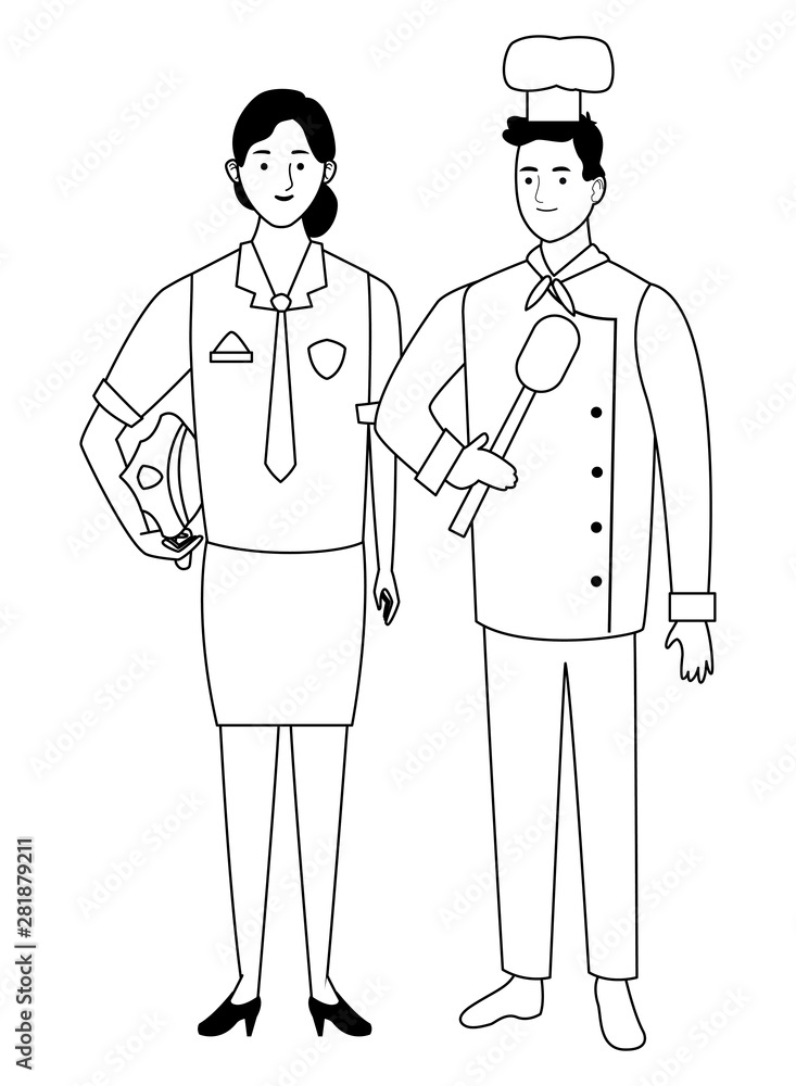 Professionals workers couple smiling cartoons in black and white Professionals workers couple smiling cartoons in black and white