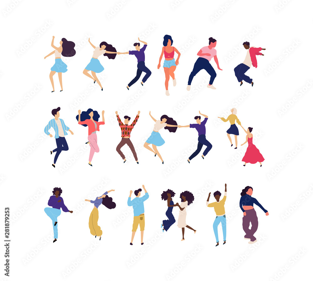 Crowd of young people dancing at club. Big set of characters having fun at party. Flat colorful vector illustration. - Vector