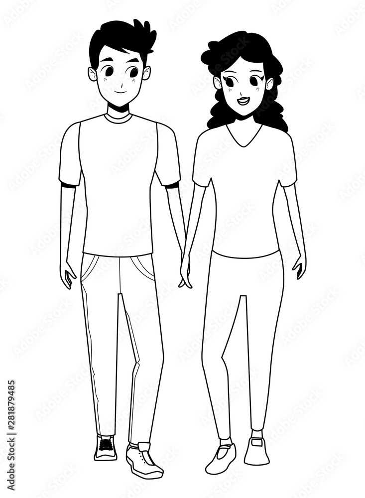 Young couple smiiling and walking cartoon in black and white Young couple smiiling and walking cartoon in black and white