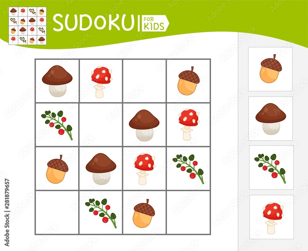 Sudoku game for children with pictures. Kids activity sheet.  Cartoon forest elements.
