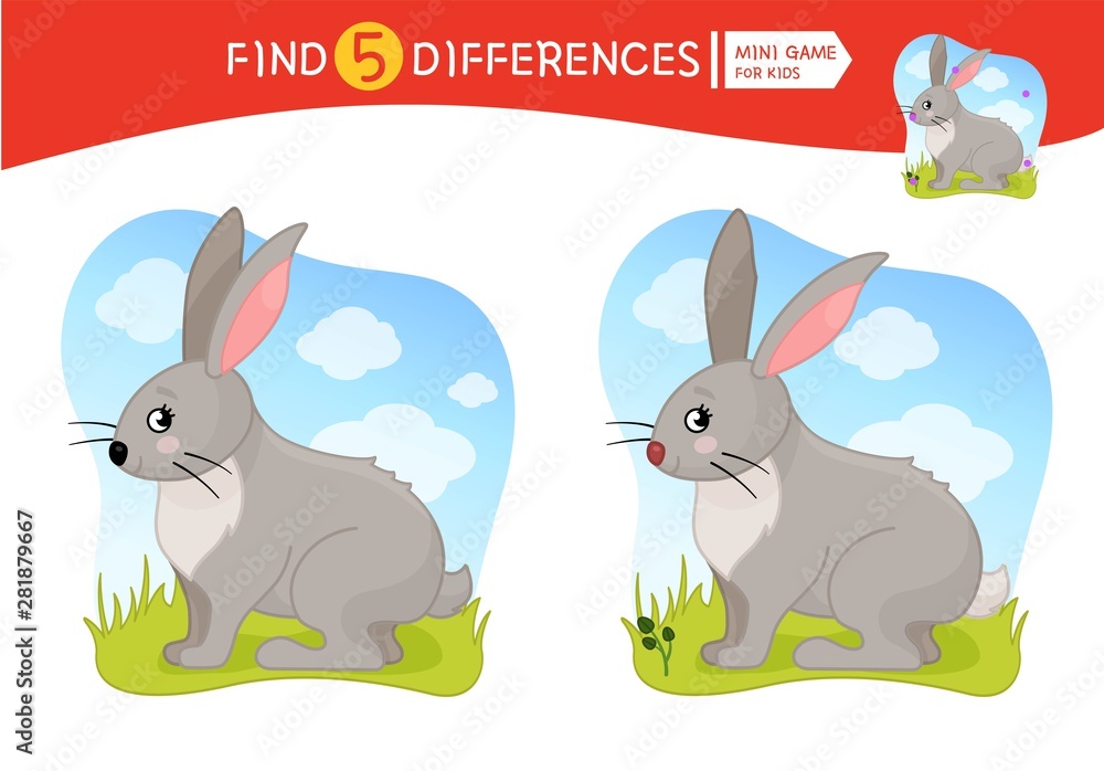 Fototapeta premium Find differences. Educational game for children. Cartoon vector illustration of cute hare.