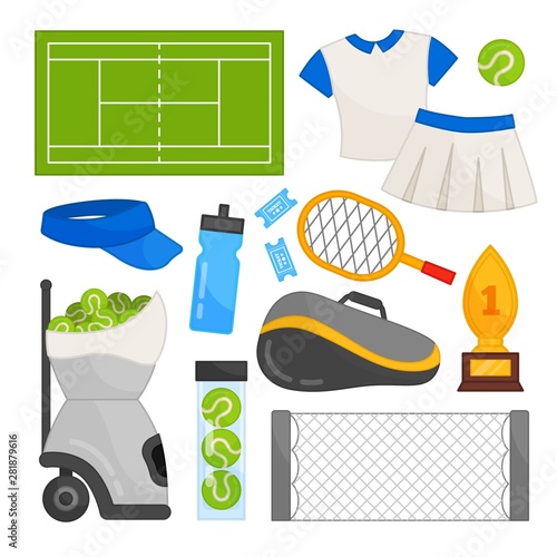 Vector set of equipment for tennis. Tennis court, net, balls, racket and other objects.