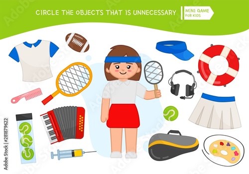 Educational game for children. Cartoon tennis player. Circle the objects that is unnecessary. 