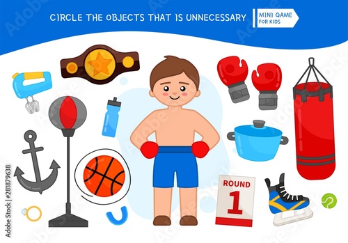 Educational game for children. Cartoon boxer. Circle the objects that is unnecessary. 