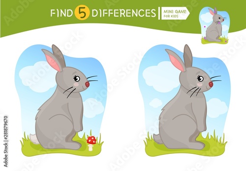 Find differences.  Educational game for children. Cartoon vector illustration of cute hare.