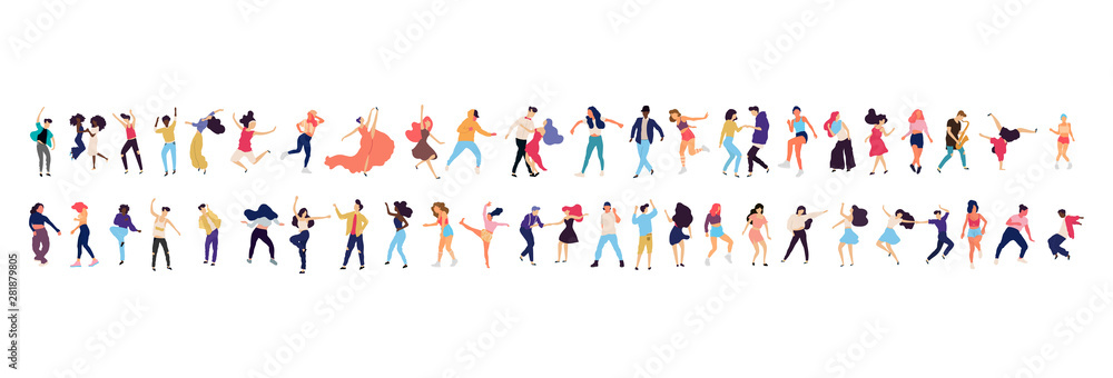 Crowd of young people dancing at club. Big set of characters having fun at party. Flat colorful vector illustration. - Vector Crowd of young people dancing at club. Big set of characters having fun at party. Flat colorful vector illustration. - Vector