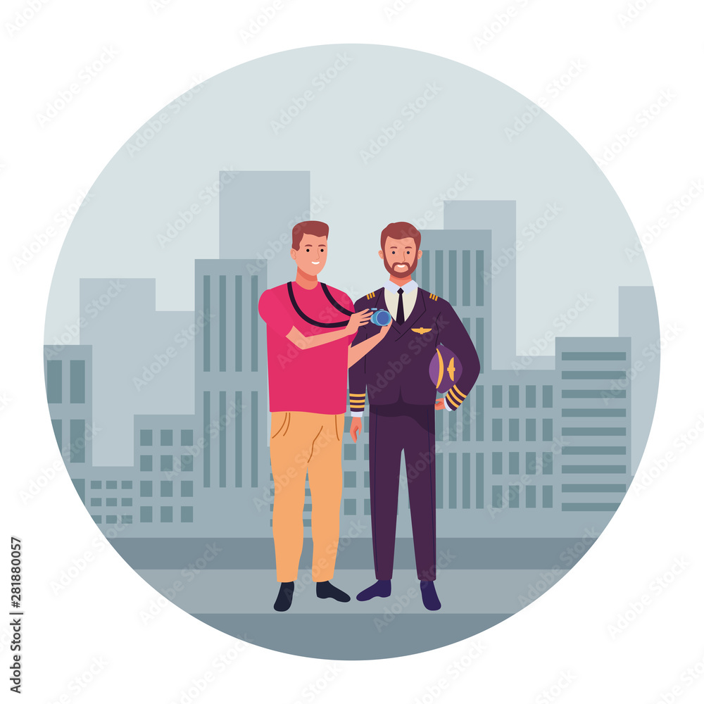 Professionals workers couple smiling cartoons Professionals workers couple smiling cartoons