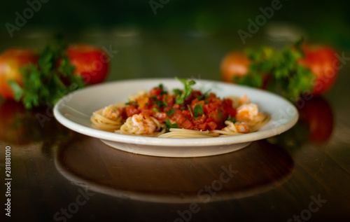 delicious Italian spaghetti with shrimps - a good food photography to delivery platform or restaurants