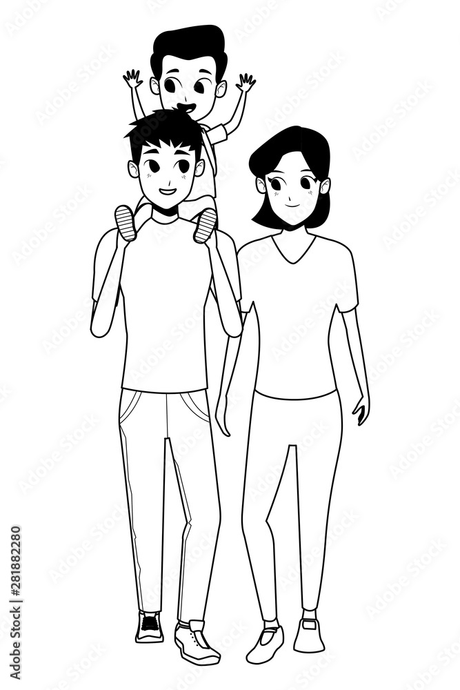 Family young parents with children cartoon in black and white Family young parents with children cartoon in black and white