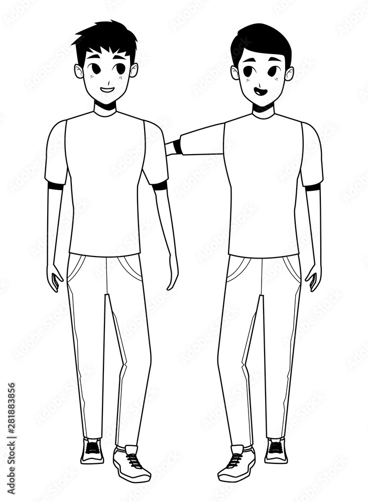 Young couple smiiling and walking cartoon in black and white Young couple smiiling and walking cartoon in black and white