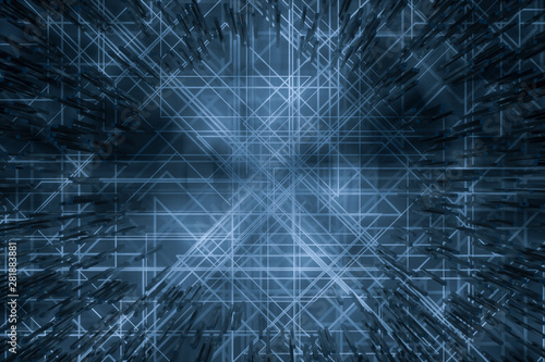 Dark technological lines background with cubes and lines, 3d rendering.