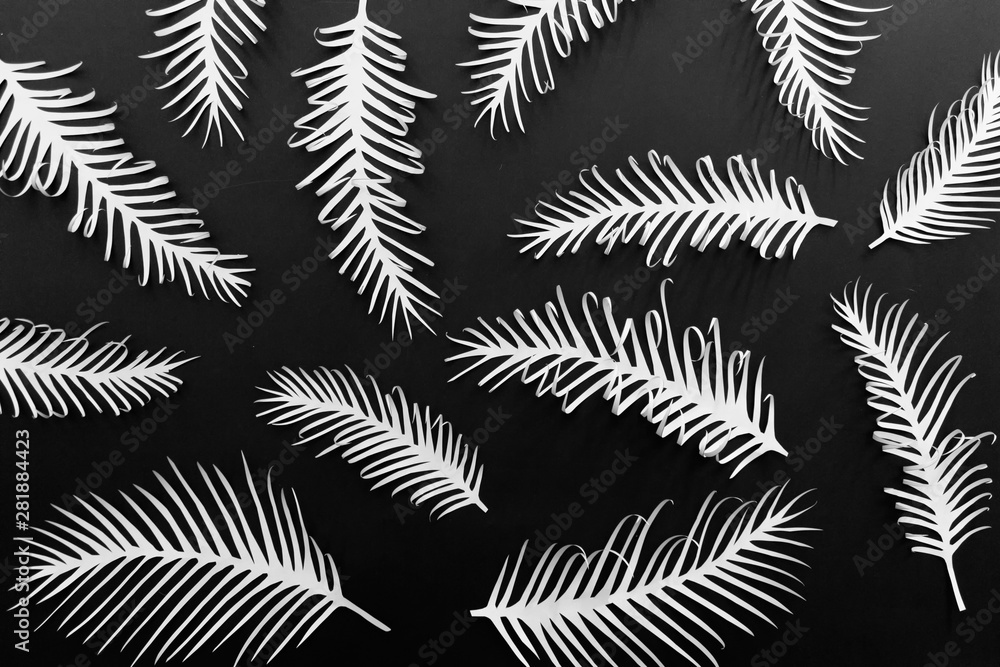 White hand cut paper spiky palm plant leaves on black background. Botanical pattern.