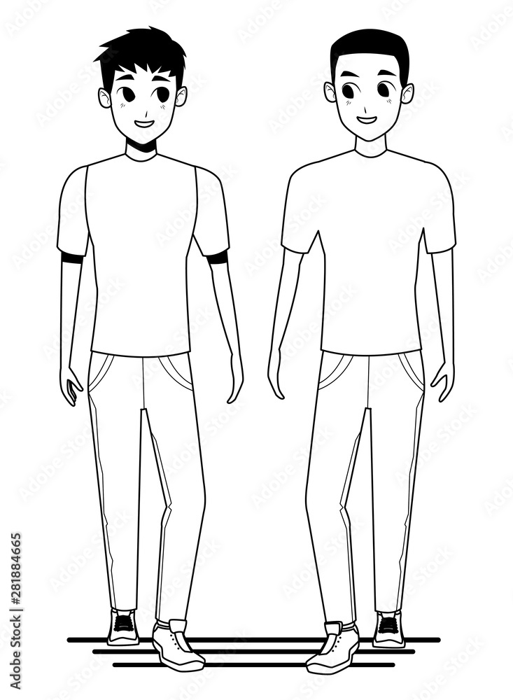 Young couple smiiling and walking cartoon in black and white Young couple smiiling and walking cartoon in black and white