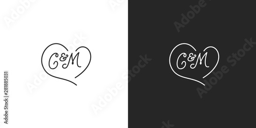Wedding hand-drawn C M monogram in a  heart