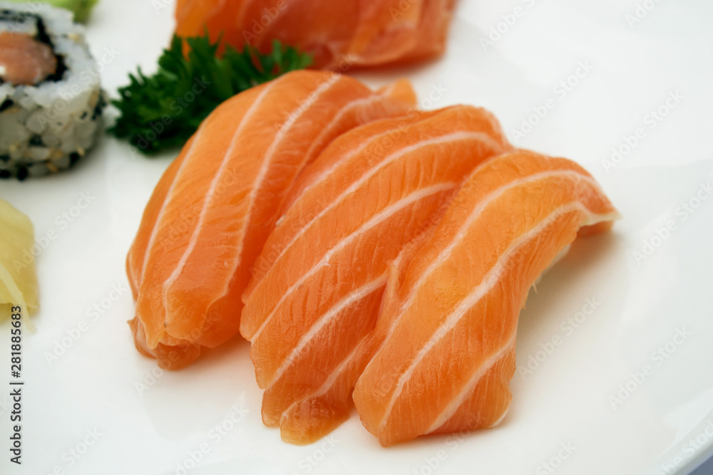 Classic salmon sushi nigiri. Japanese food, close-up.