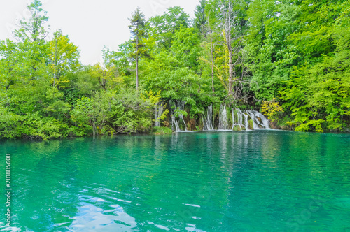 Beautiful Plitvice Lakes National Park in Croatia during the summer. Waterfalls and lakes complete this lush wonderland.