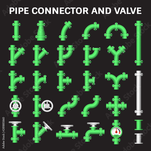 Pipe icon and flange fitting. Include control valve and pressure gauge. For pipeline construction and transportation liquid or gas i.e. oil, natural gas. Also for sewage, plumbing and irrigation.