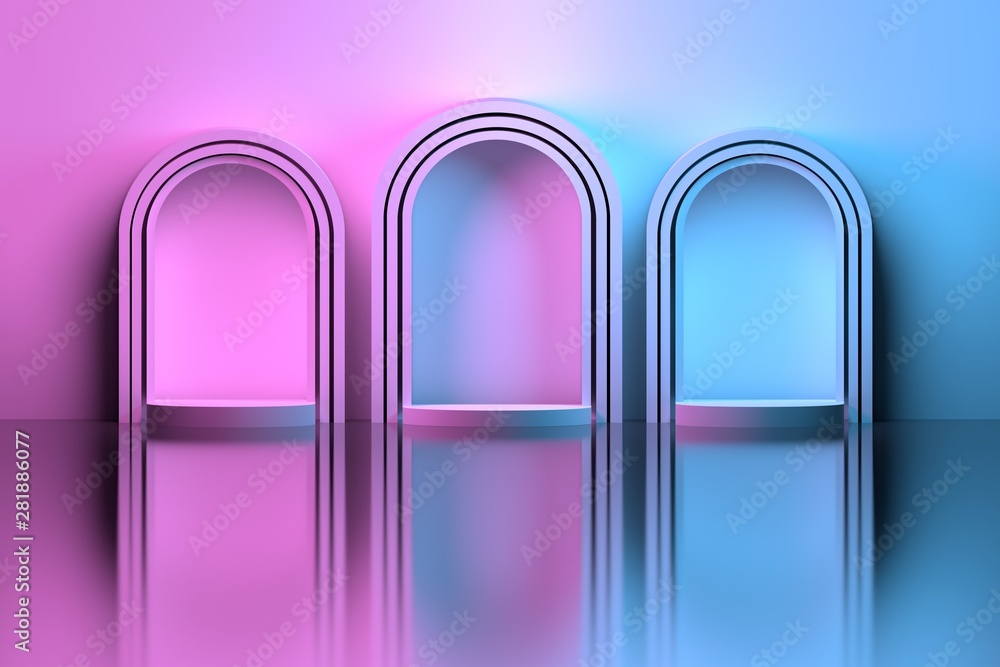 Gradient pink blue interior scene with three round arches and podium over reflective mirror floor. 3d illustration. Gradient pink blue interior scene with three round arches and podium over reflective mirror floor. 3d illustration.