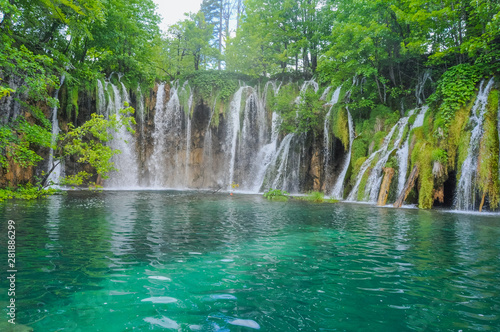 Beautiful Plitvice Lakes National Park in Croatia during the summer. Waterfalls and lakes complete this lush wonderland. © Levi
