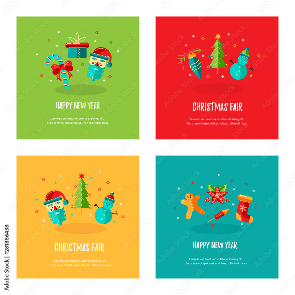 Fototapeta premium Merry Christmas and Happy New Year card vector illustration set. Place for text. Great for New Year party invitation, christmas fair, flyer, banner, poster. Flat and line style design.